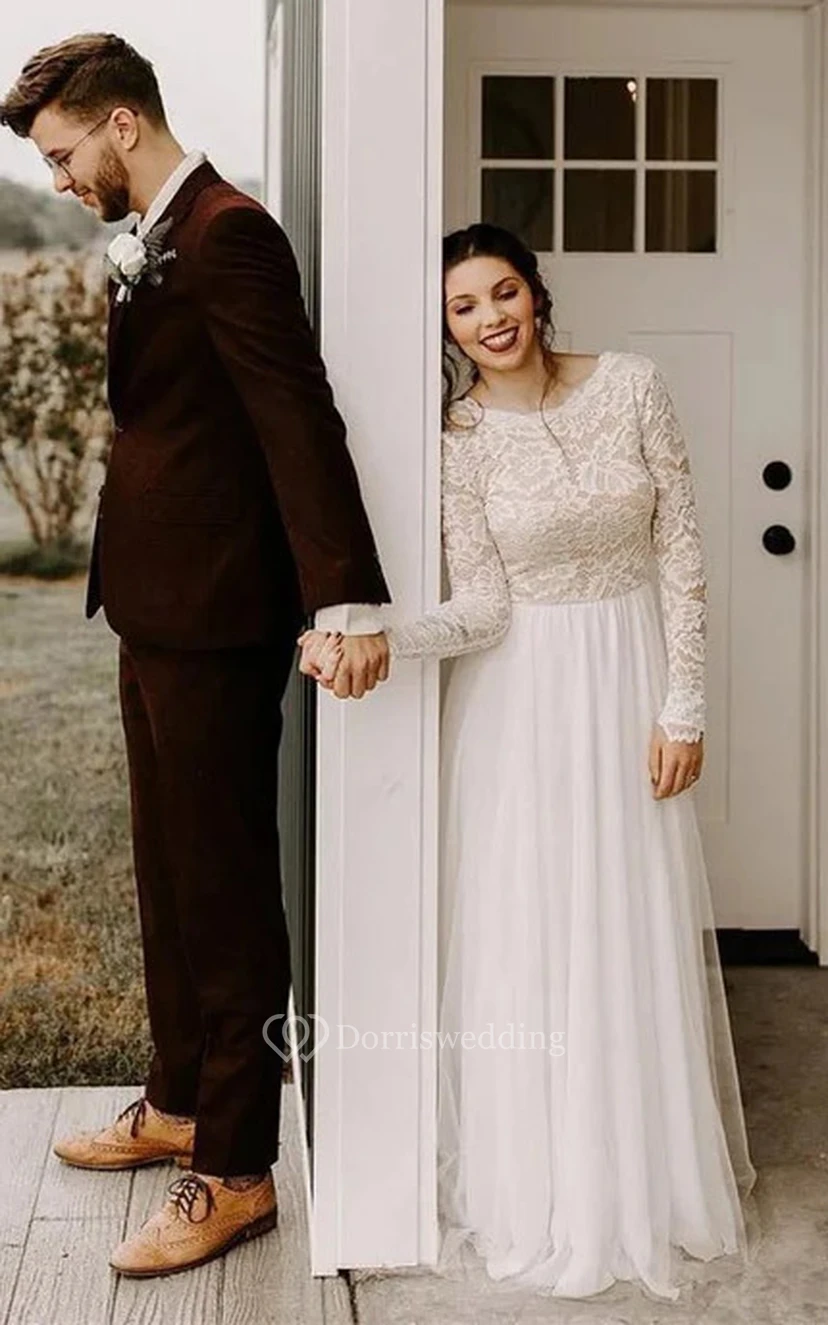 Brautkleid aus Chiffon mit Rundhalsausschnitt, langen Ärmeln und Falten aus Spitze