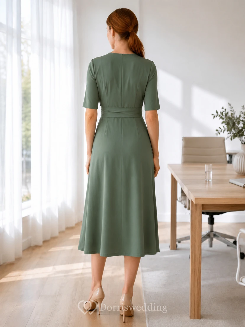 Muted green half sleeve V-neck wrap A-line office dress view 2