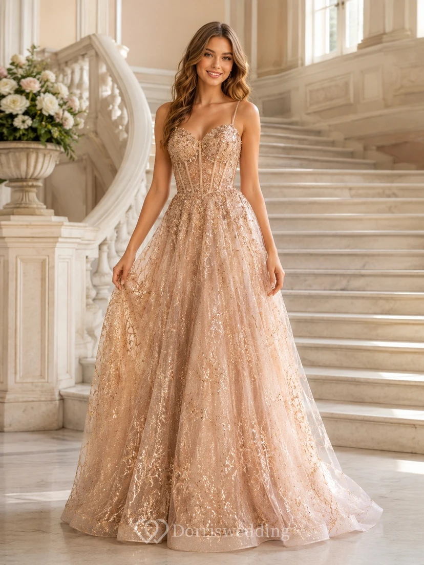 Rose Gold Lace Long Sleeve A-Line Sweep Train Prom Gown