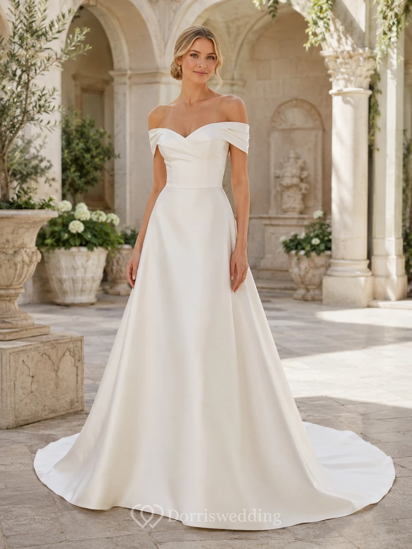 Minimalistisches Brautkleid aus Satin, A-Linie, schulterfrei, mit Schleppe