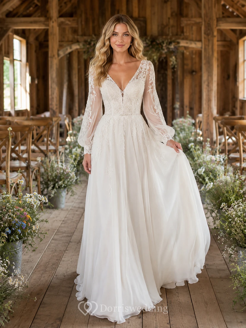 Bishop Sleeve Lace Bodice Rustic Barn Bridal Gown