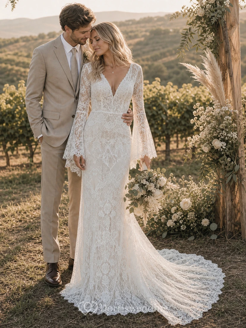 Vestido de novia bohemio de encaje, corte recto, escote en V, mangas largas acampanadas y cola. view 6