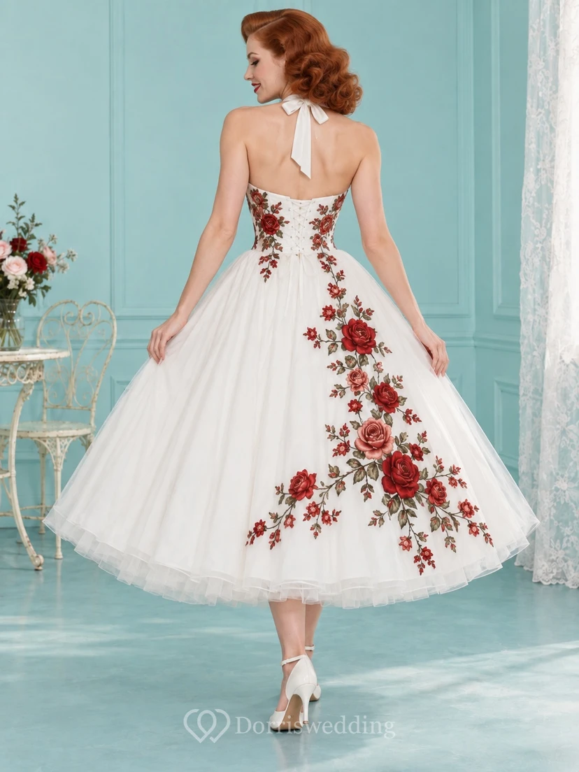 Asymmetrisches, rosenbesticktes Neckholder-Brautkleid in Teelänge mit A-Linien-Tüllrock view 2