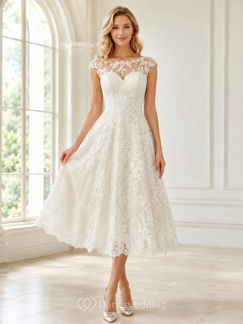 Vestido de novia vintage de encaje con mangas cortas y escote barco, largo hasta la rodilla, ideal para recepciones en jardines.