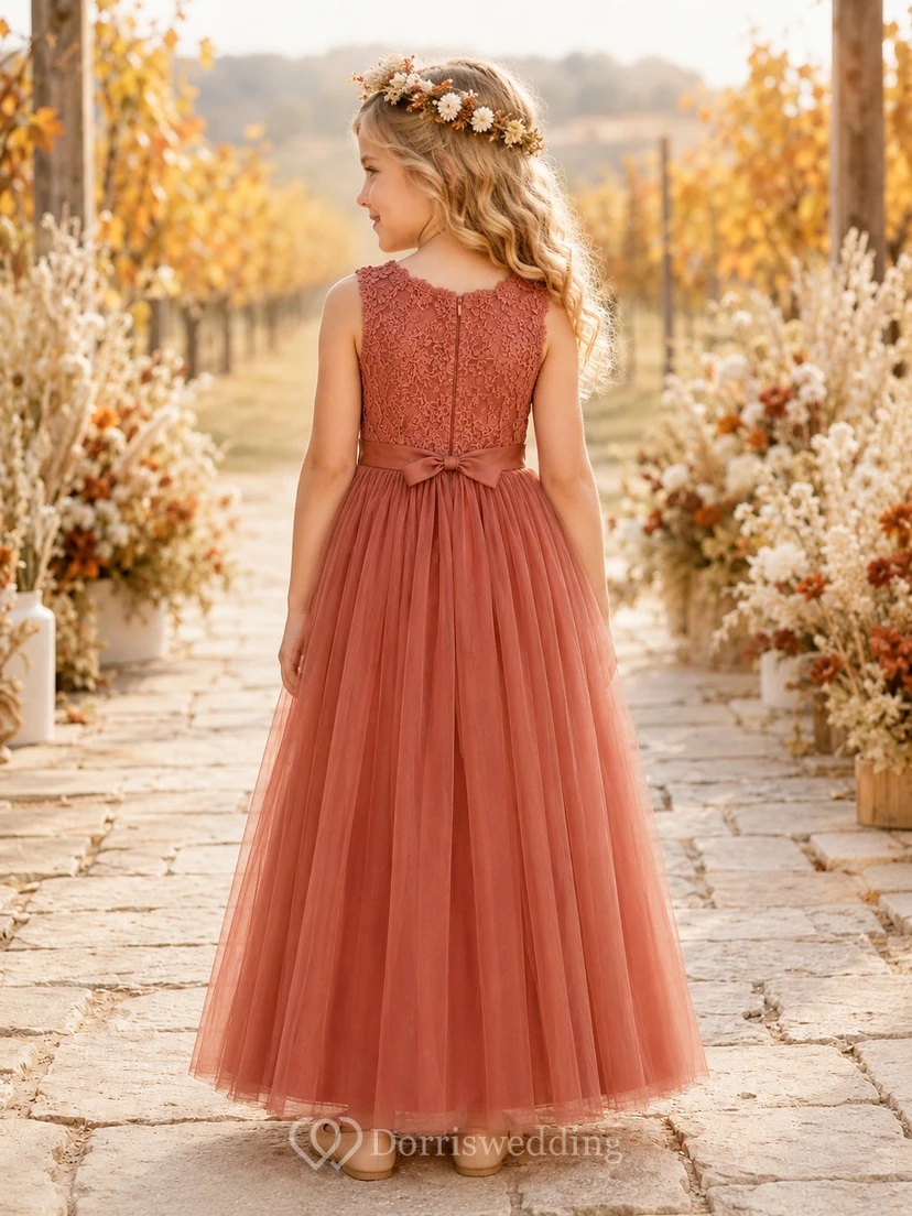 Flower Girl Dress A-Line Papaya Lace Tulle Sleeveless Fall Wedding view 2