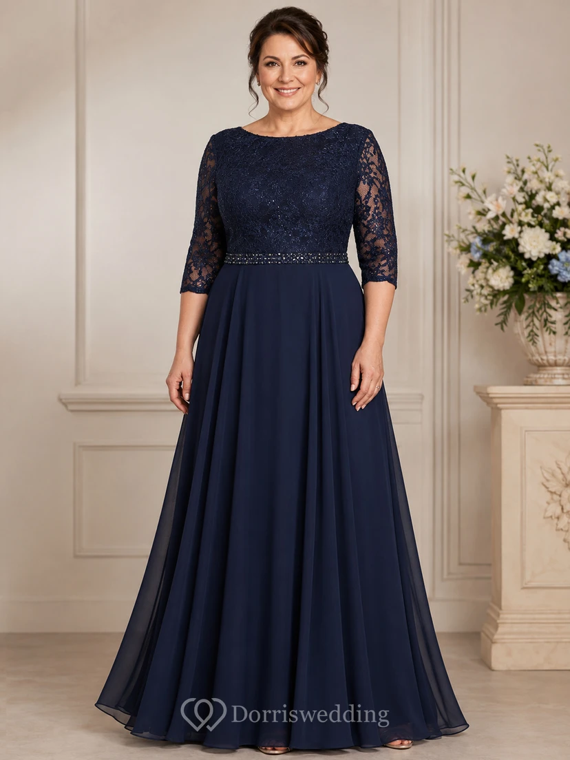 Plus Size A-Line Bateau 3/4 Length Sleeve Chiffon Mother Dress with Lace