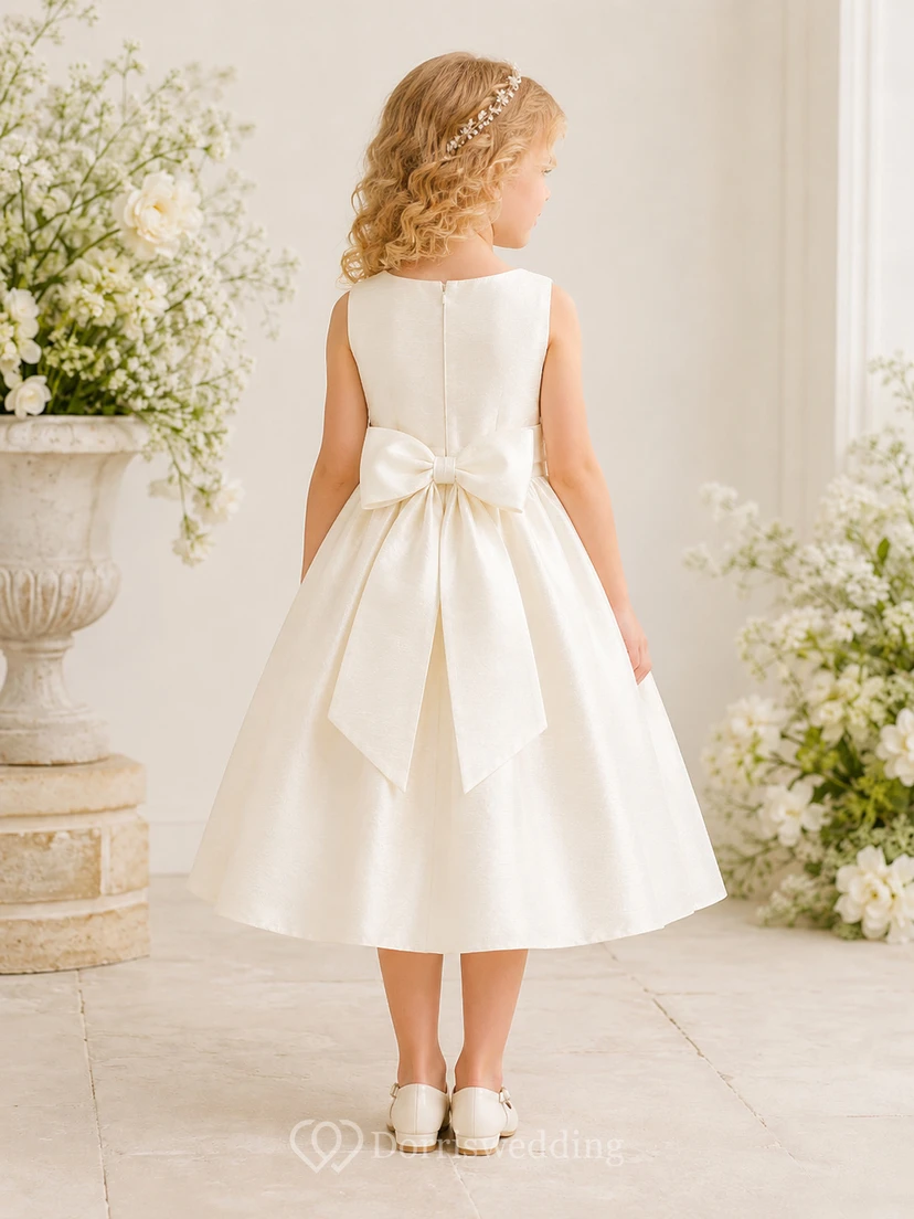 Luxury Silk Dupioni Jewel Neck Sleeveless Bow Tea-Length A-Line Formal Flower Girl Dress view 2