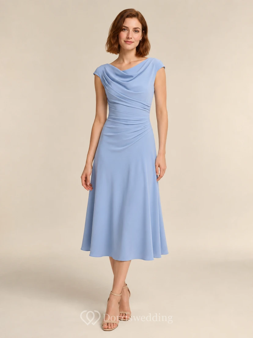 Sky Blue Draped Bodice Crepe Midi Occasion Dress