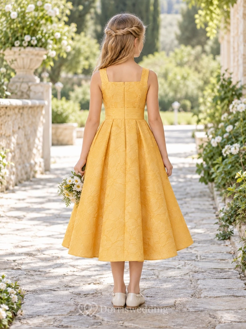 Square Neck Tea-length Gold Floral Sleeveless Pleated Jacquard Flower Girl Dress view 2