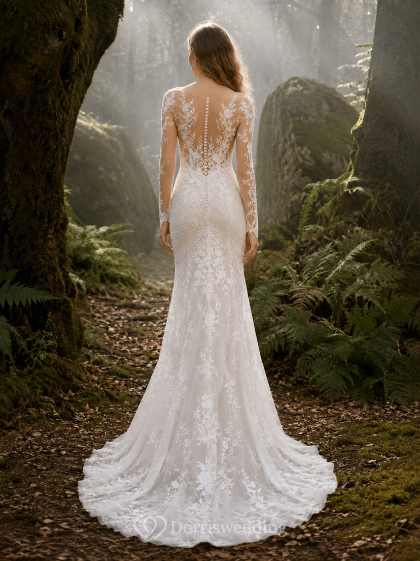 Robe de mariée sirène romantique en dentelle à manches longues et col en V, effet illusion, pour un mariage de destination view 2