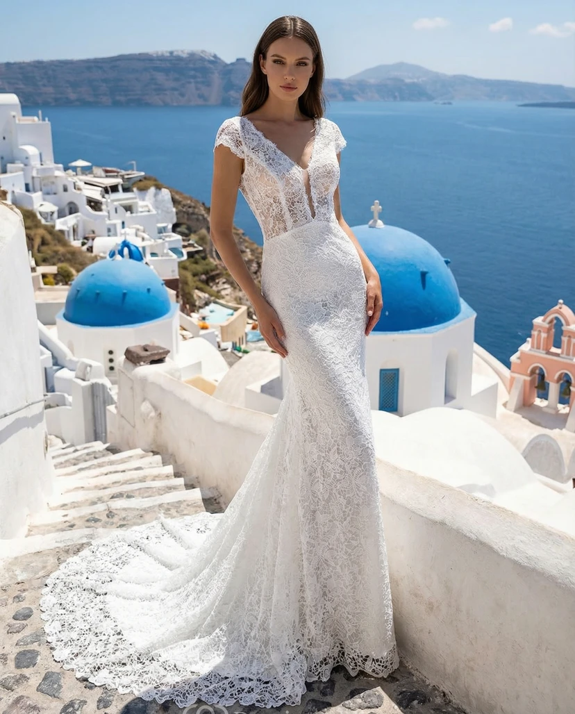Cap Sleeve Boho Lace Sheath Wedding Dress