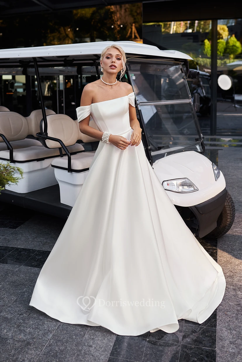 Modern Off-the-Shoulder Satin Ballgown Wedding Dress with Pleated Bodice
