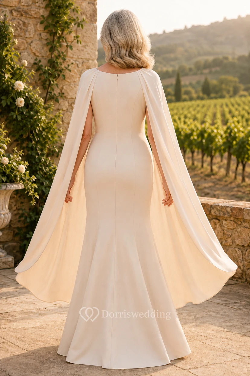Champagnerfarbenes Meerjungfrauen-Kleid mit Cape im Bateau-Stil view 2