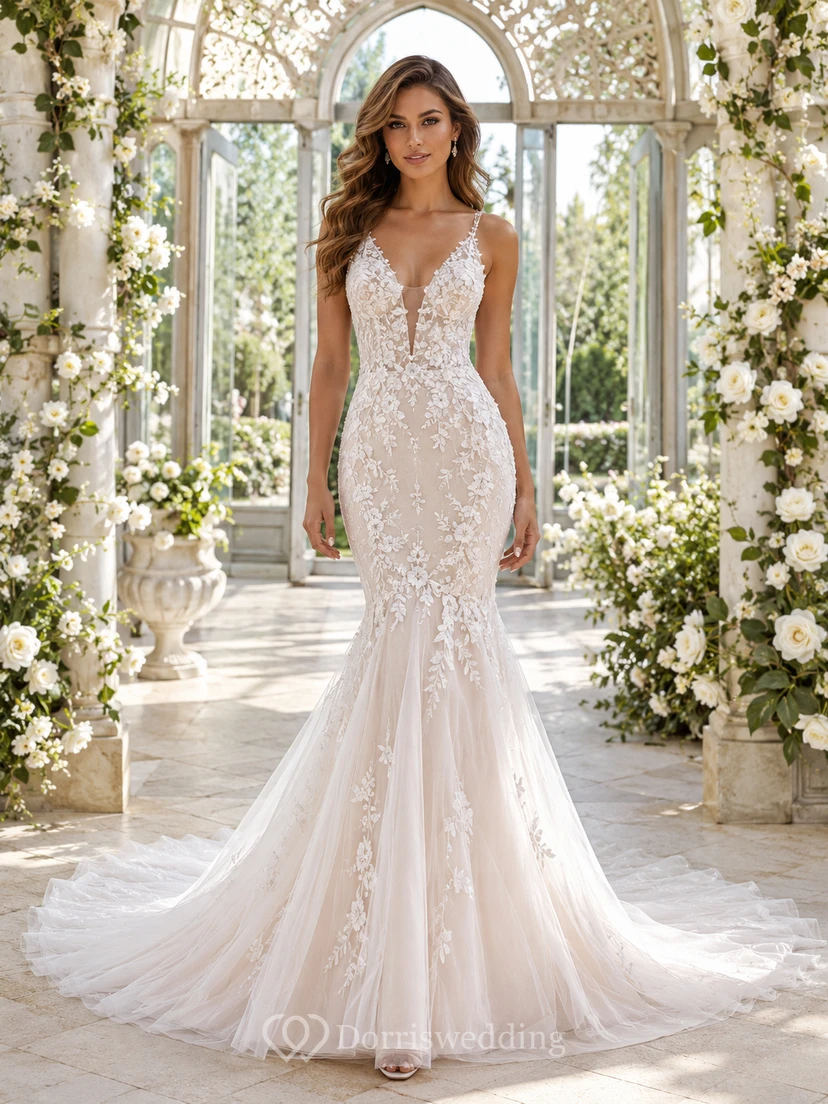 Robe de mariée sirène romantique en dentelle, décolleté en V profond, sans manches, ornée d'appliques chapelle et dos nu poli