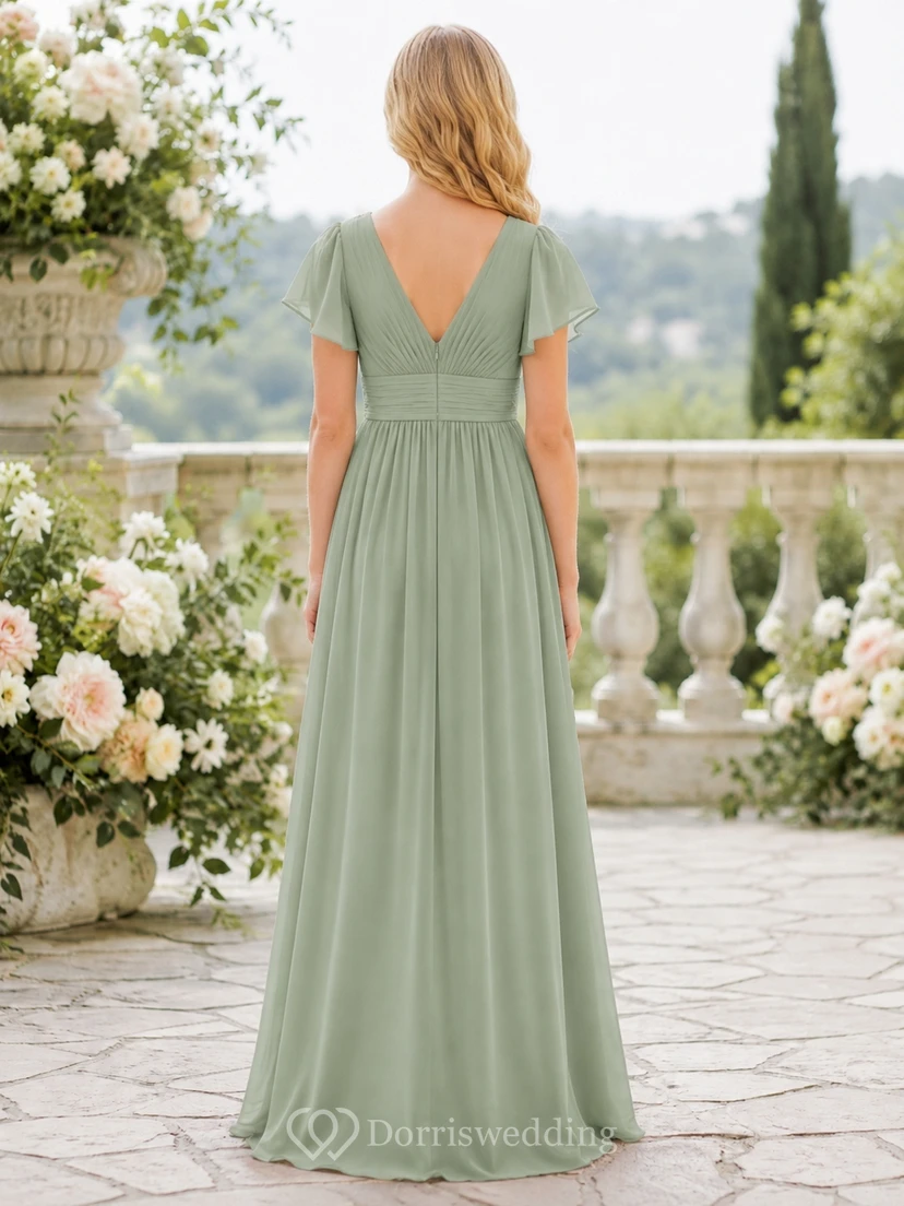 Celadonfarbenes Brautjungfernkleid für junge Damen, A-Linie, V-Ausschnitt, kurze Ärmel, plissiert, elegant view 2