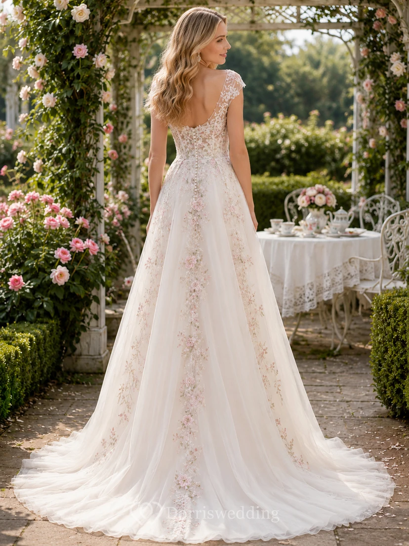 Vestido de novia de corte A con mangas cortas y estampado floral estilo jardín inglés view 2