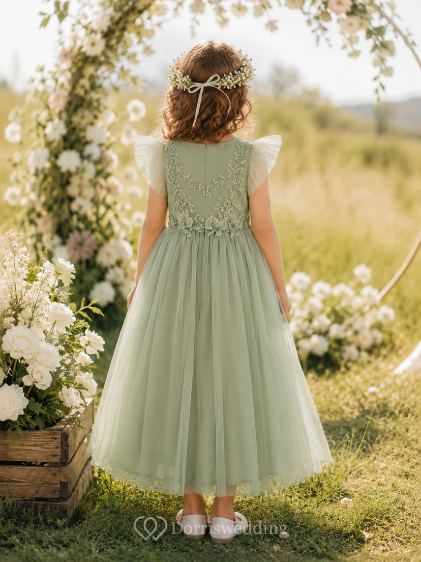 Flower Girl Dress Ivory Lace Tulle A-Line Scoop Neck Tea Length view 2