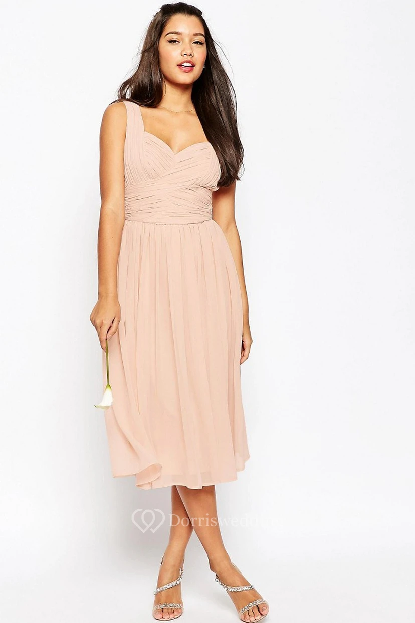 Tea-Length One-Shoulder Criss-Cross Sleeveless Chiffon Bridesmaid Dress