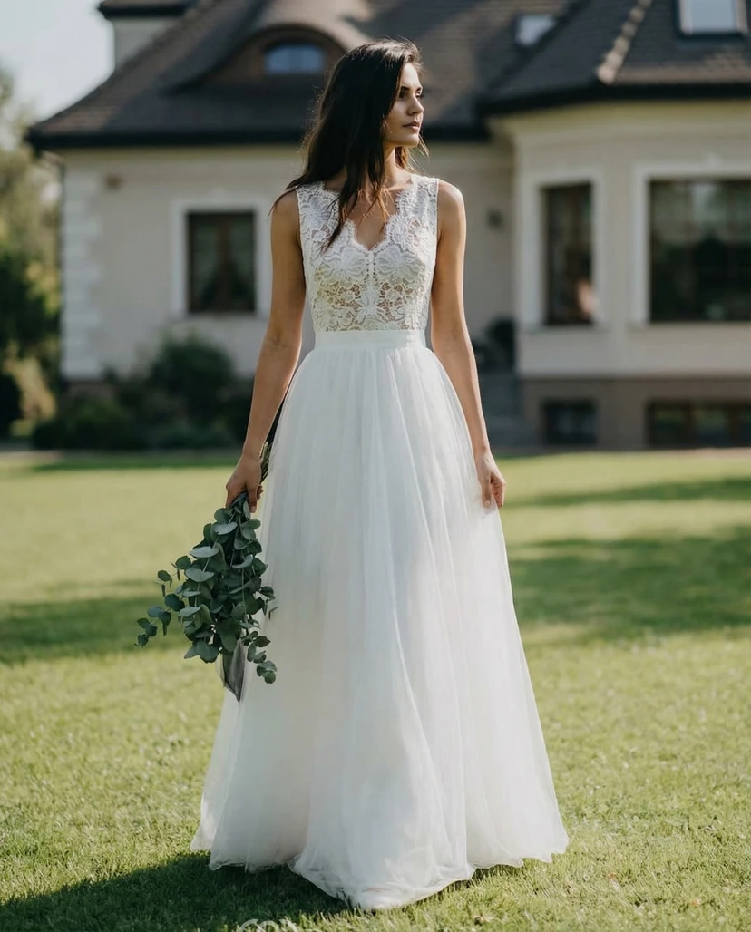 Robe trapèze en dentelle et tulle à col en V festonné