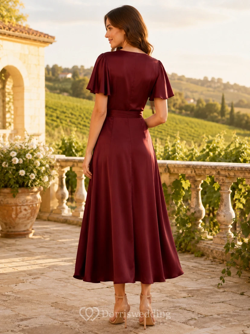 Burgundy V Neck Flutter Sleeve Satin Wrap Midi Guest Dress view 2