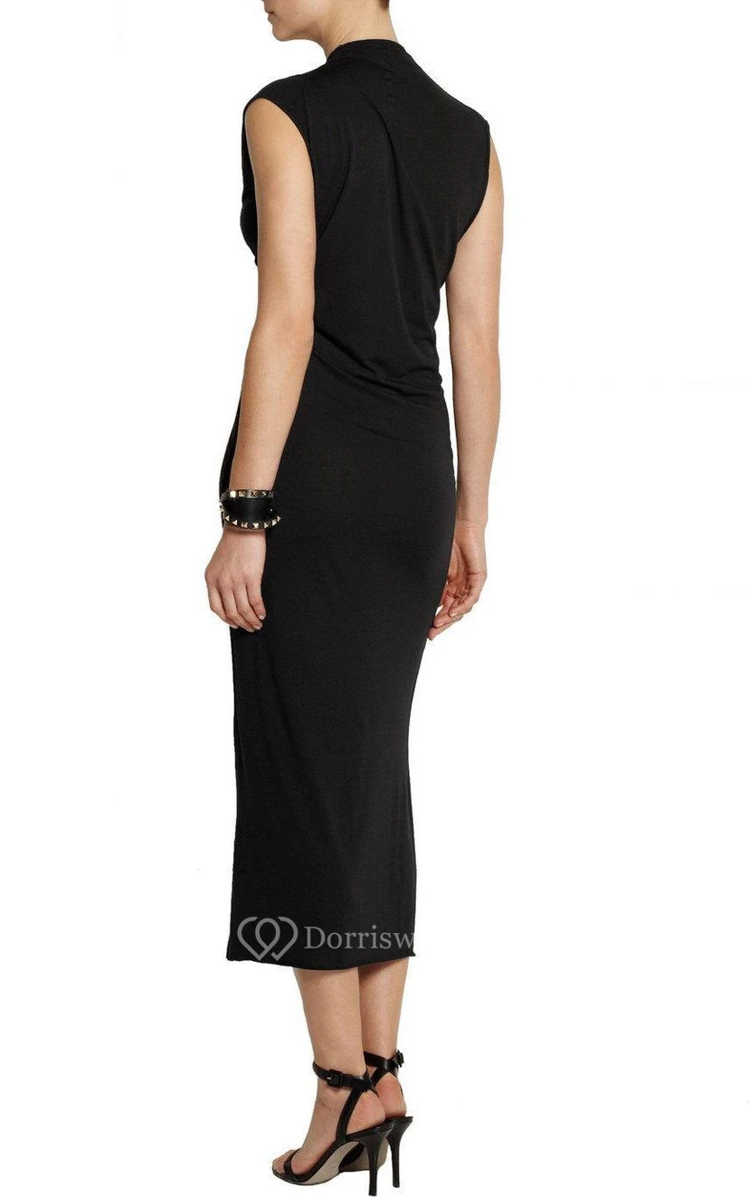 V Neck Cap Sleeve Sheath Jersey Tea Length Dress With Ruching view 3