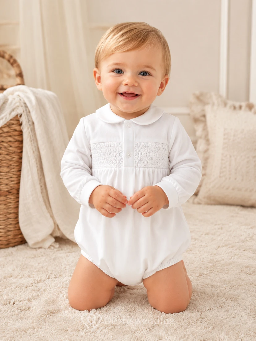 White Smocked Front Long Sleeve Peter Collar Blessing Romper for Baby Boy
