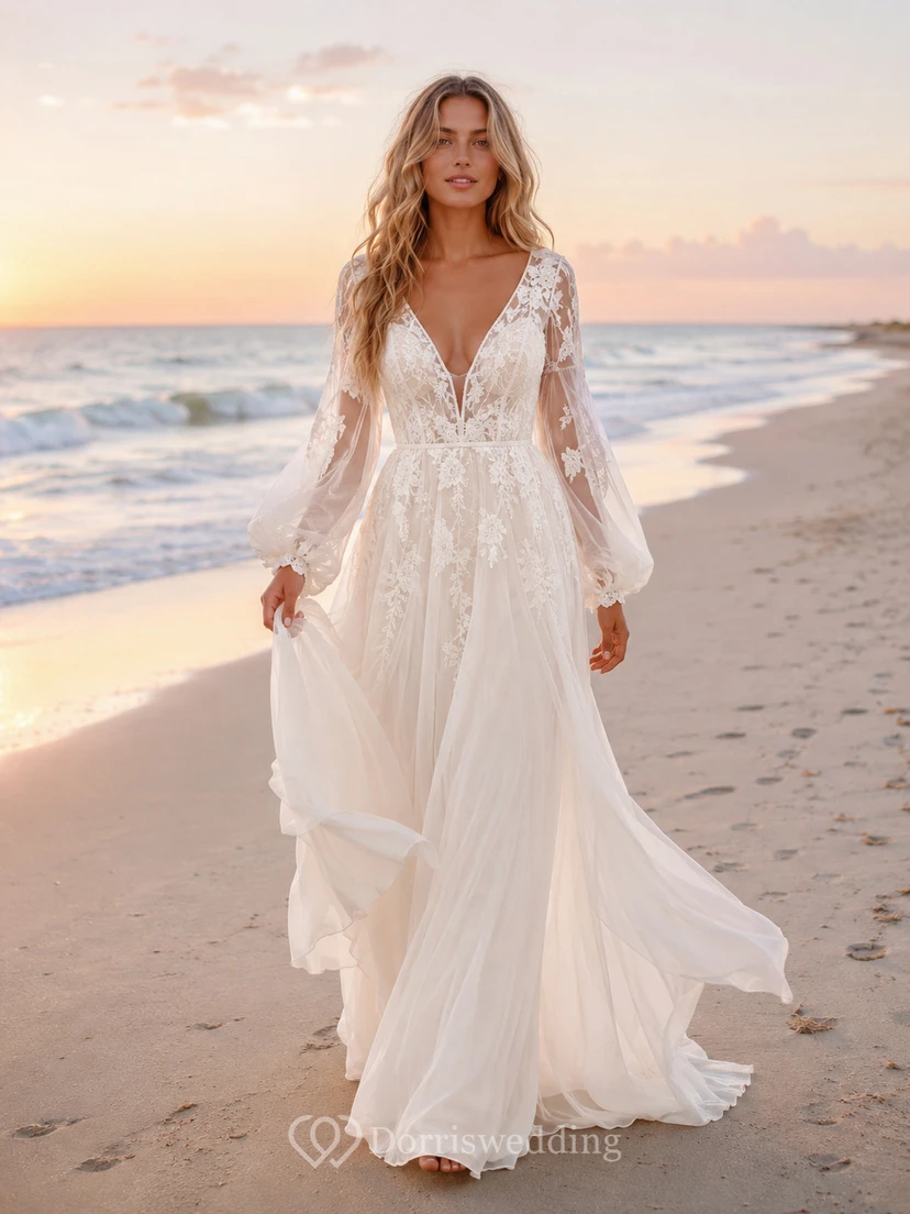 Boho Sheer Sleeve Beach V Neck Bridal Gown
