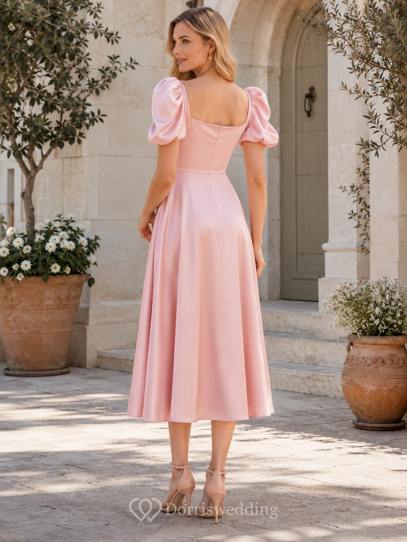 Blush Puff Sleeve Satin Midi Occasion Dress view 2