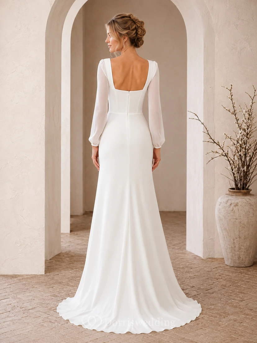 Minimal Square Neck Long Illusion Sleeve Sheath Sweep Train Modern Wedding Gown view 2
