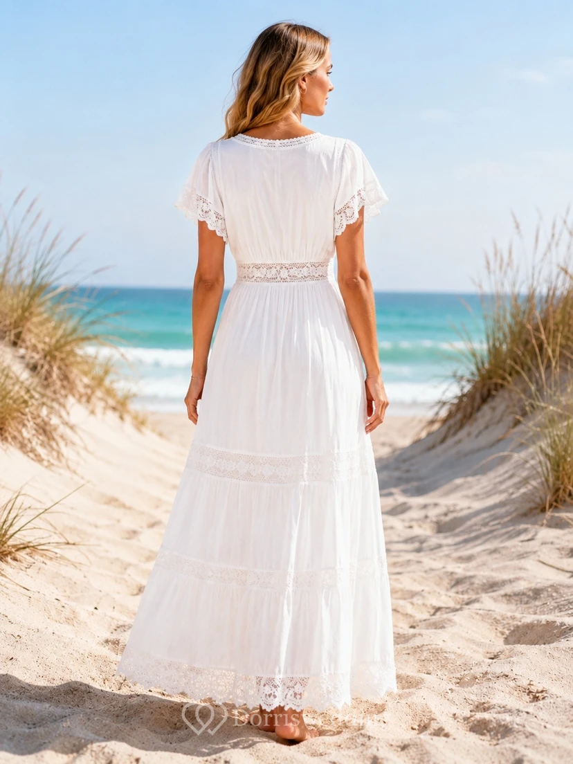 Boho Short Sleeve Beach White V-Neck Tiered Maxi Dress view 2