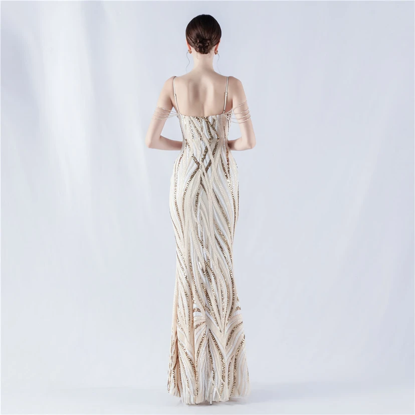 Sequined Striped Color Matching Slim Dinner Host Suspender Long Dress For Women view 24