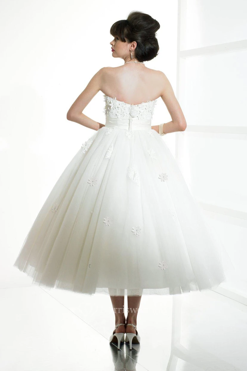 A-Line Tea-Length Appliqued Strapless Tulle Wedding Dress view 2