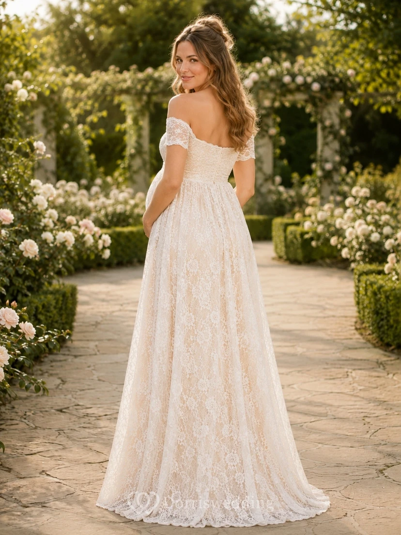Ivory Lace V-Neck Short Sleeve Empire Maternity Gown view 2