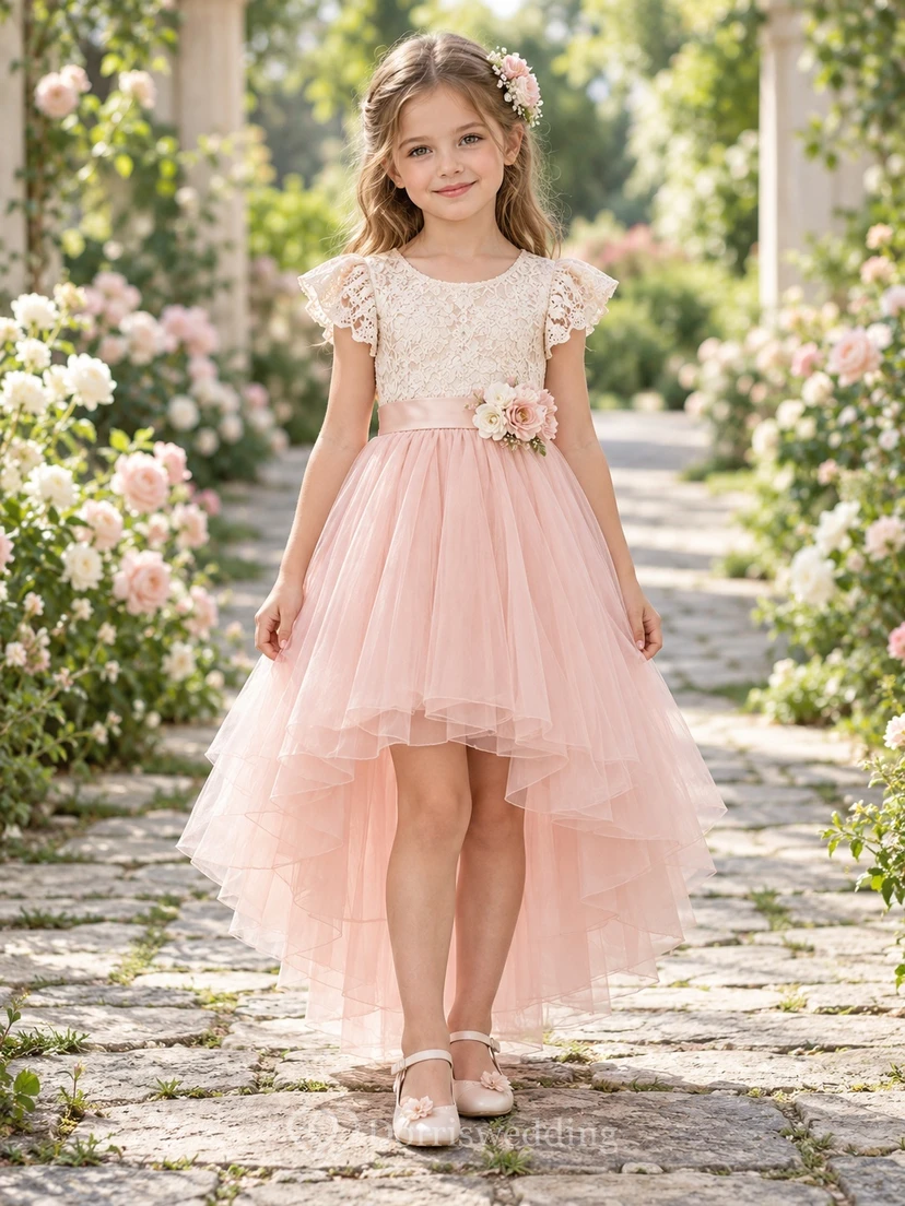 High-low Blushing Pink Lace Cap Sleeve Flower Girl Dress