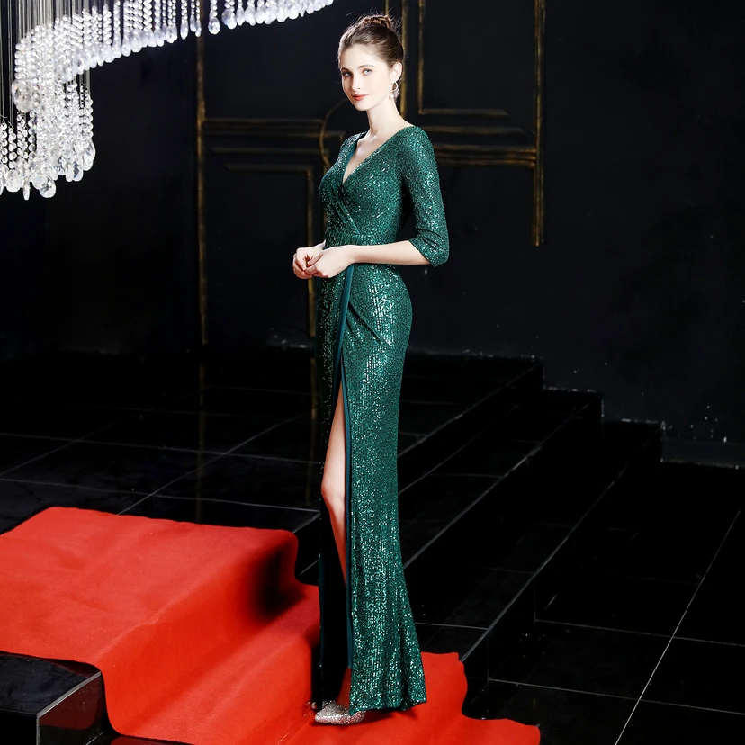 Elegantes, langes Paillettenkleid im Meerjungfrauenstil mit langen Ärmeln – ein echter Hingucker! view 6
