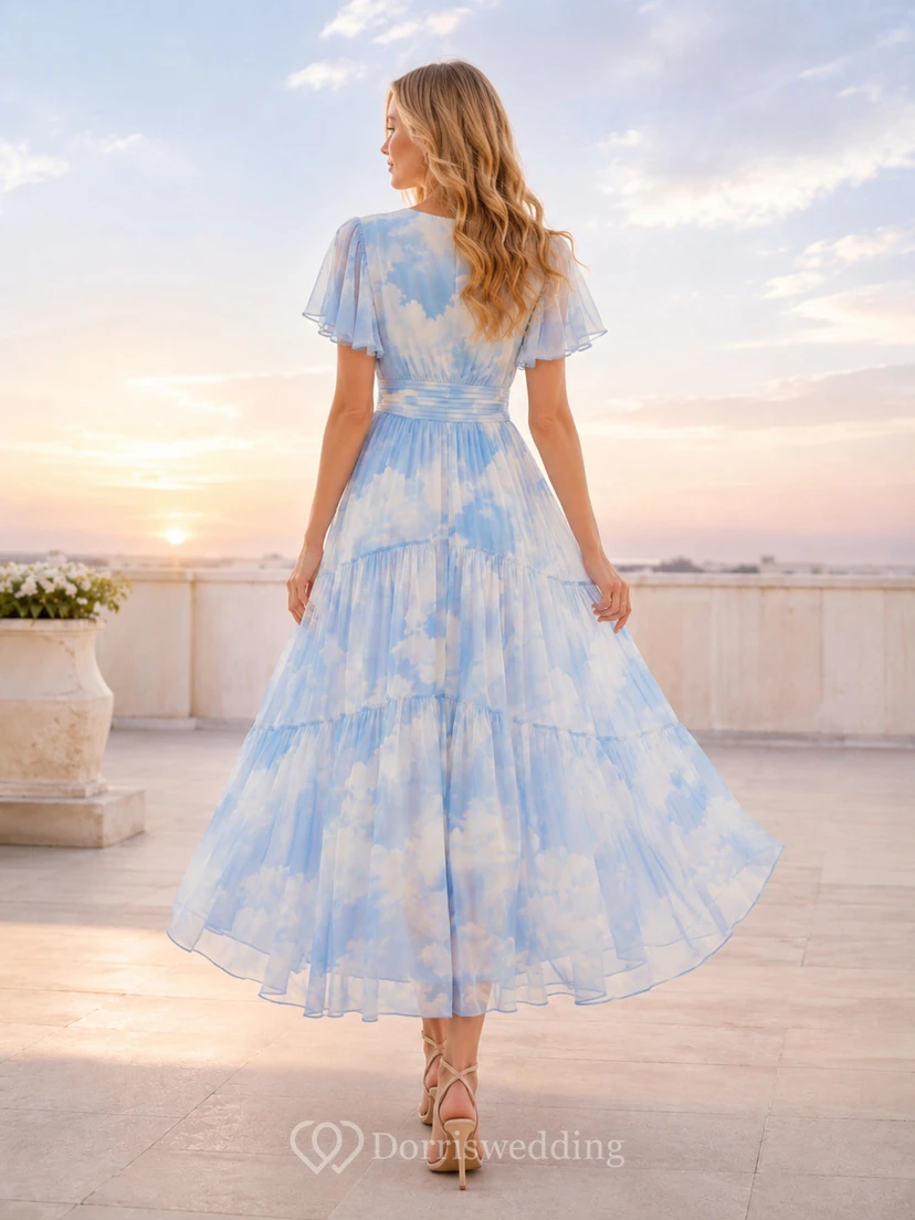 Blue Cloud Print Flutter Sleeve Chiffon Midi Dress view 2