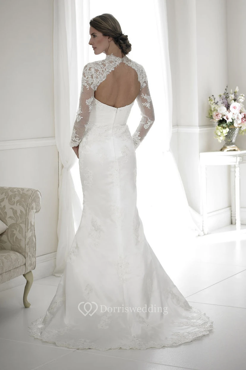 Sheath Sweetheart Long-Sleeve Appliqued Floor-Length Lace Wedding Dress With Beading view 2