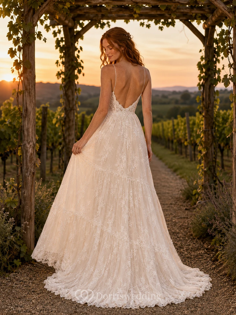 Spaghetti Strap Lace Vineyard Garden A-Line Bridal Gown view 2