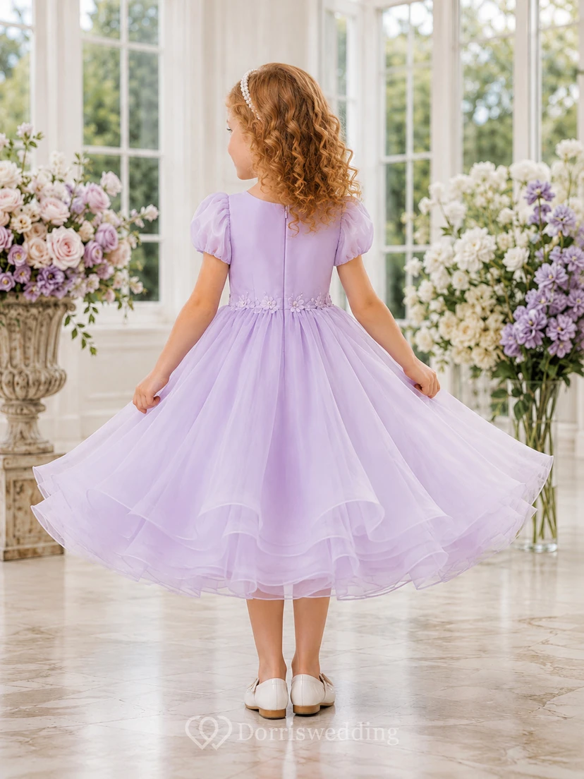 Flower Girl Dress A-Line Lilac Twirl Friendly Ruffle Tulle Puff Sleeve Party view 2