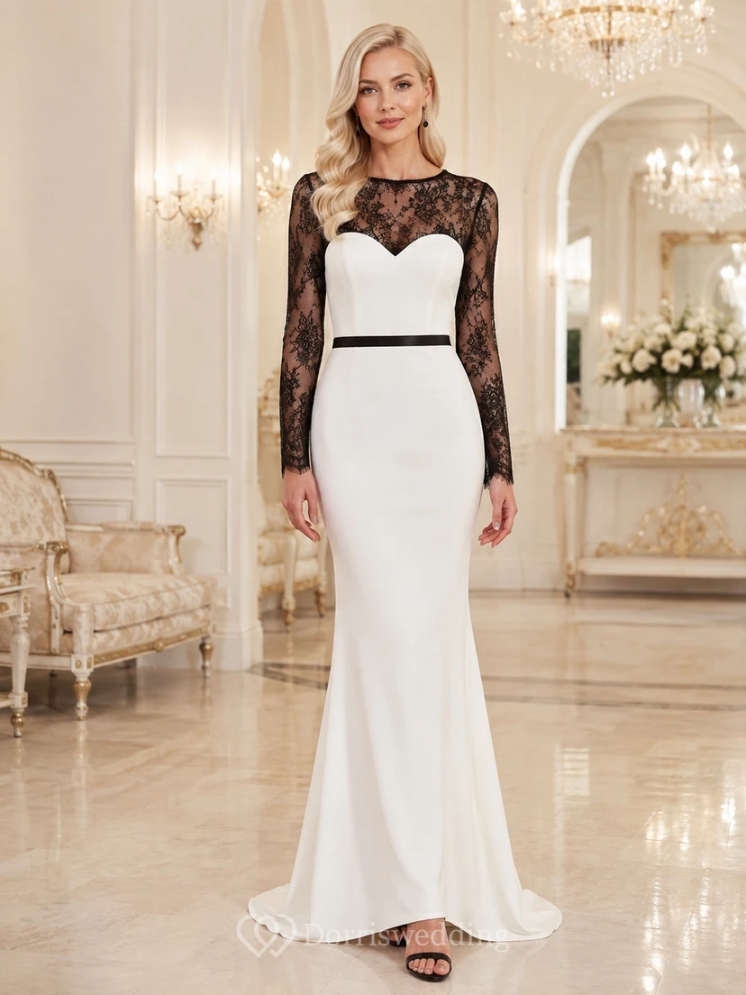 White Black Long Sleeve Bateau Lace Jersey Mermaid Floor-Length Elegant Formal Gown
