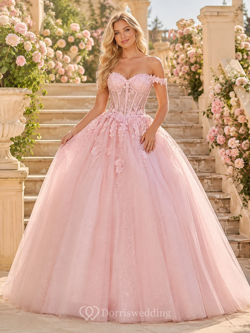 Romantic Blush Off-Shoulder Applique Lace Tulle Corset Ball-Gown Sweep-Train Quinceanera Dress