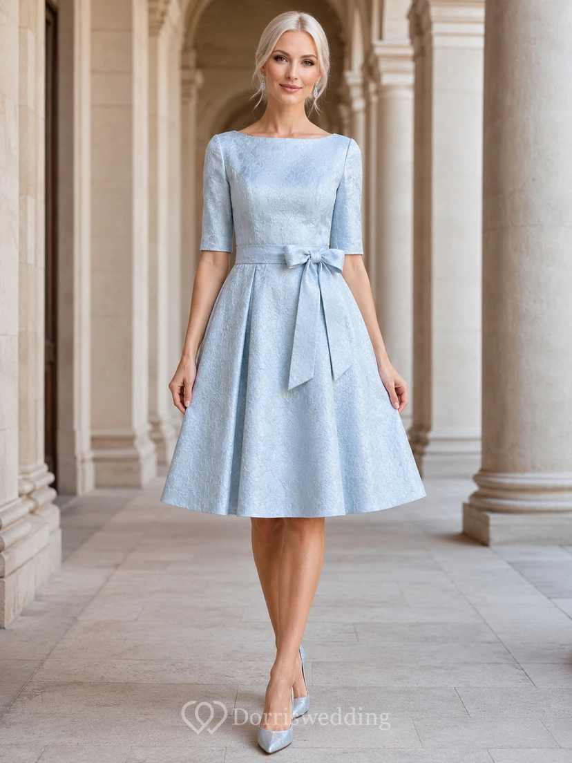 Robe bleu ciel à manches bateau, nœud papillon, plissée en satin, coupe trapèze, genou, ajustée