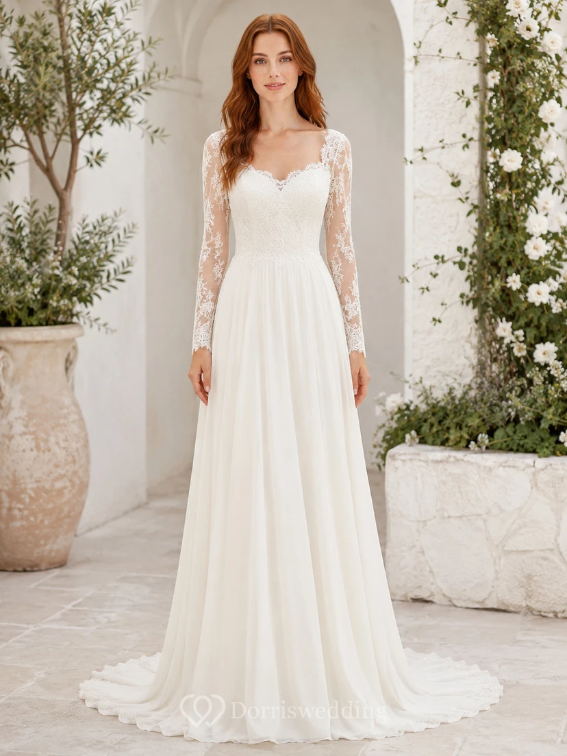 Lace Tulle Wedding Dress A-Line V-Neck Long Sleeve Sweep Train Bridal Gown