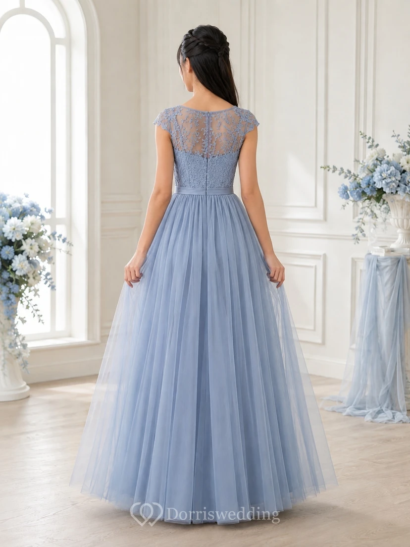 Stahlblaues Brautjungfernkleid für junge Damen, A-Linie, Rundhalsausschnitt, kurze Illusionsärmel, Spitze, Tüll, elegant, romantisch view 2