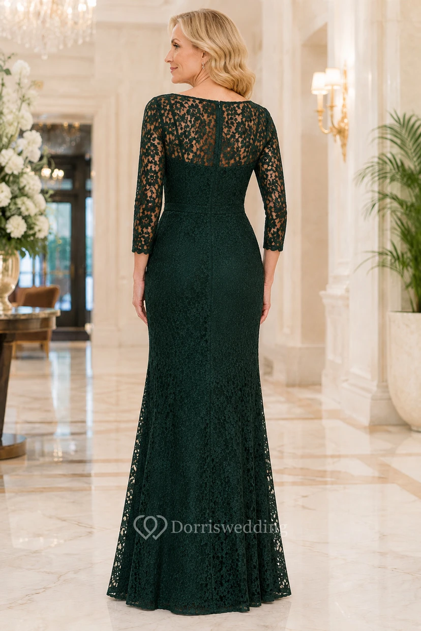 Dark Green Long Sleeve Lace Sheath Mother Dress view 2