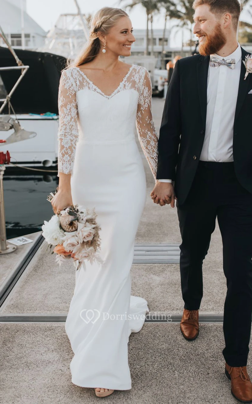 Schlichtes, elegantes Brautkleid mit V-Ausschnitt, Spitze, Satinschleppe, langen Ärmeln und tiefem V-Ausschnitt am Rücken