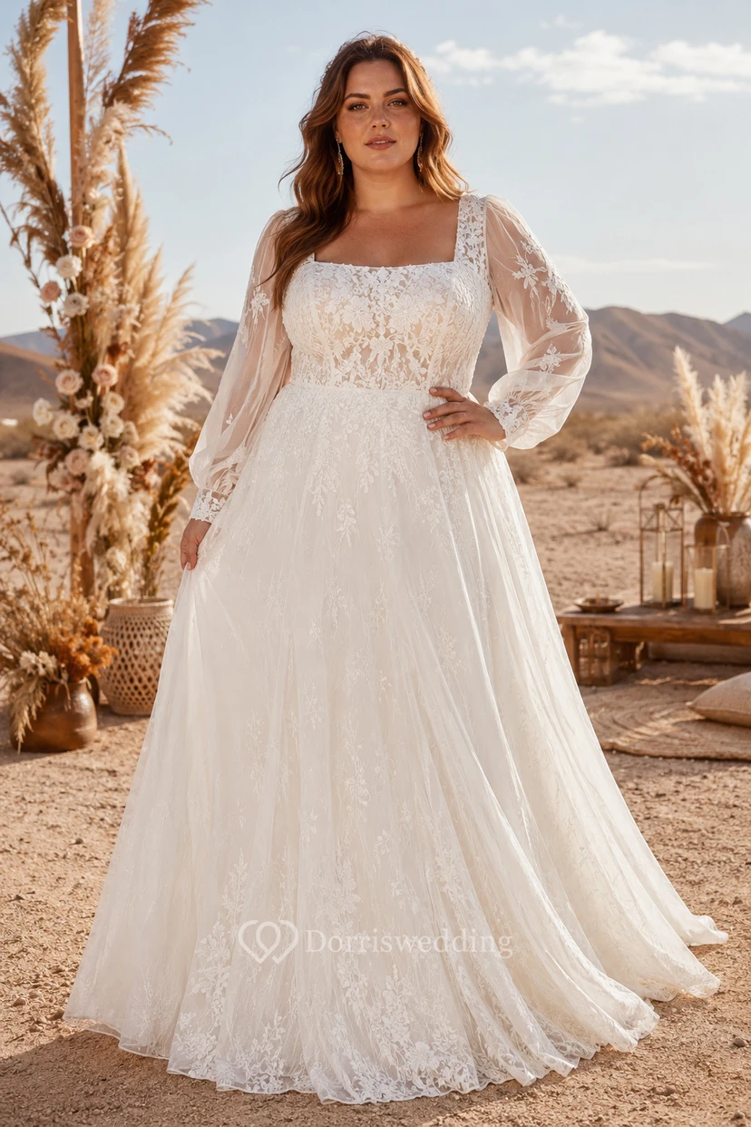 Plus Size Square Neck Long Sleeve Tulle A-Line Wedding Dress with Lace Bodice