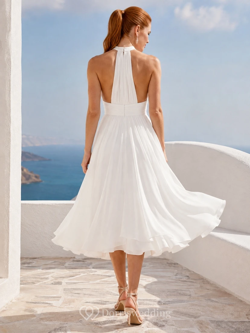 White Chiffon Halter Sleeveless A-Line Tea-length Pleated Elegant Romantic Garden Evening Dress view 2