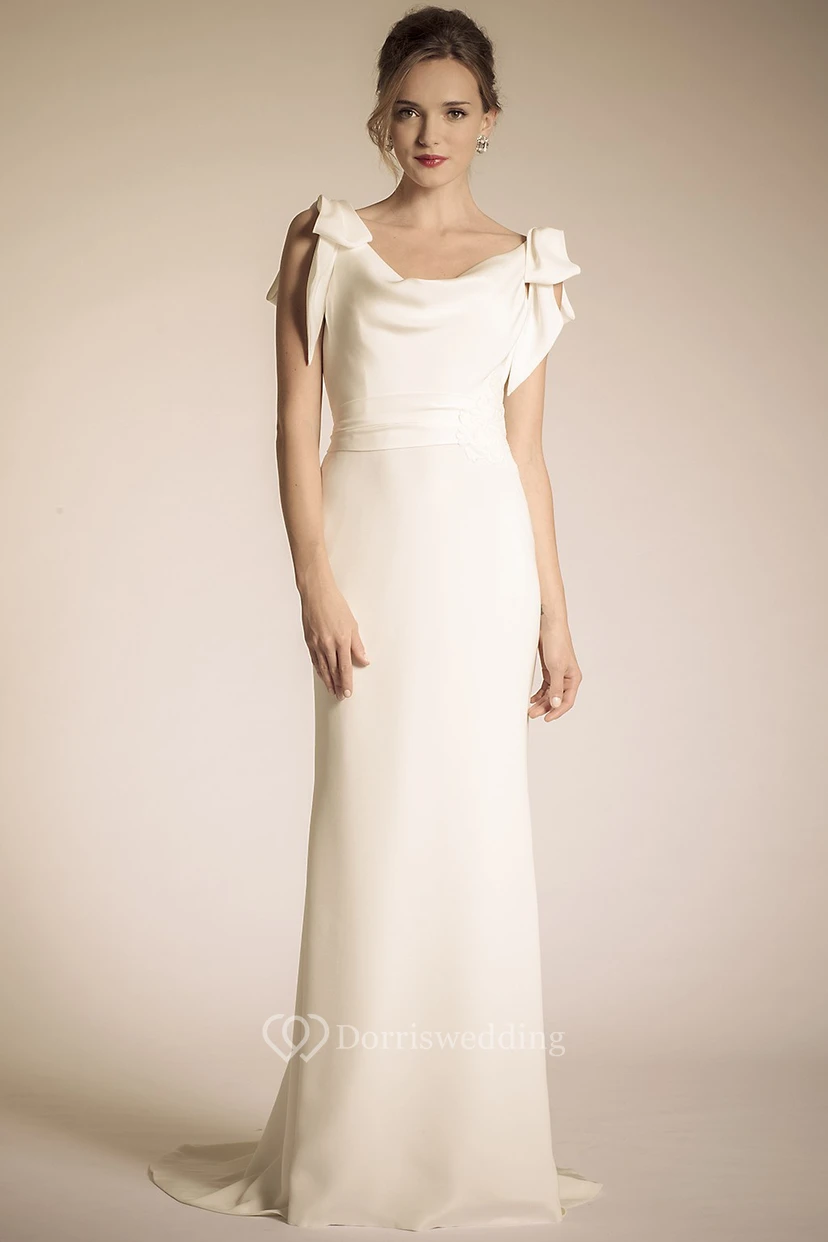 Long Cowl Bowed Chiffon Wedding Dress With Sweep Train And V Back