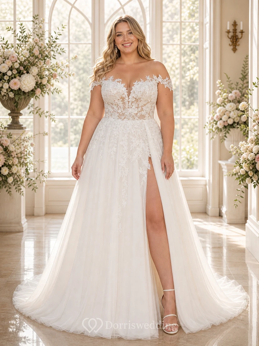 Robe de mariée champêtre en tulle à épaules dénudées et fente haute en dentelle view 6